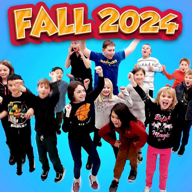 A group of excited children in casual clothing pose together against a light blue background with the text "FALL 2024" displayed prominently at the top, highlighting their new afterschool classes.