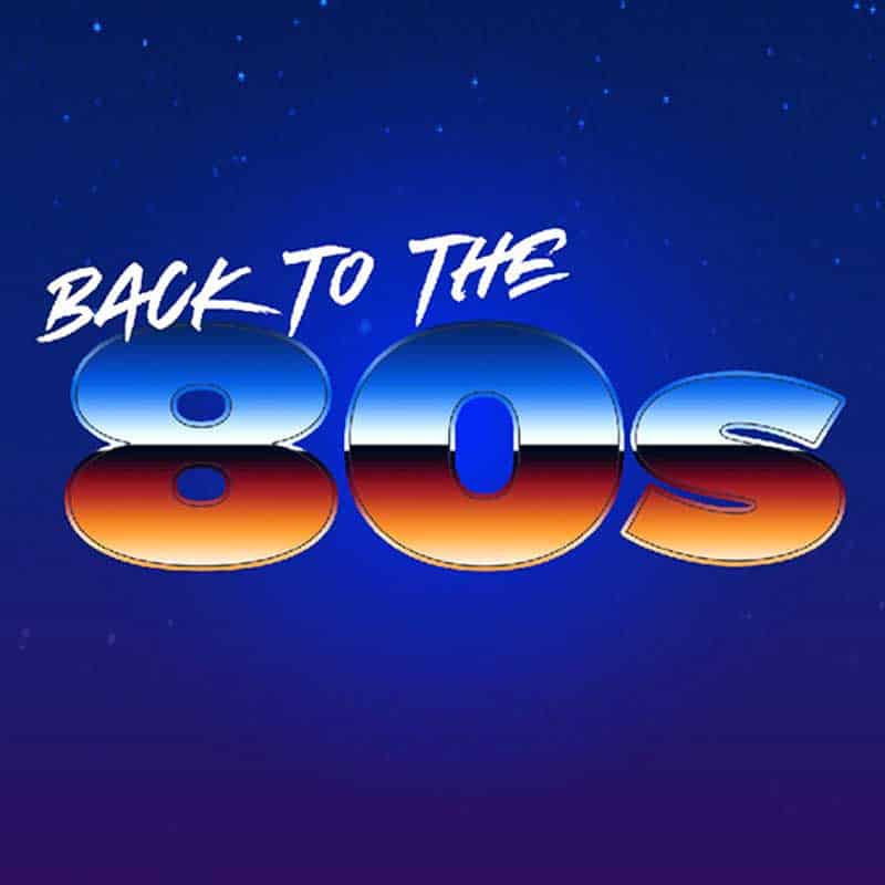 A digital design with the phrase "Back to the 80s" in bold, gradient letters against a dark blue starry background, reminiscent of those vibrant days at Play Camps.